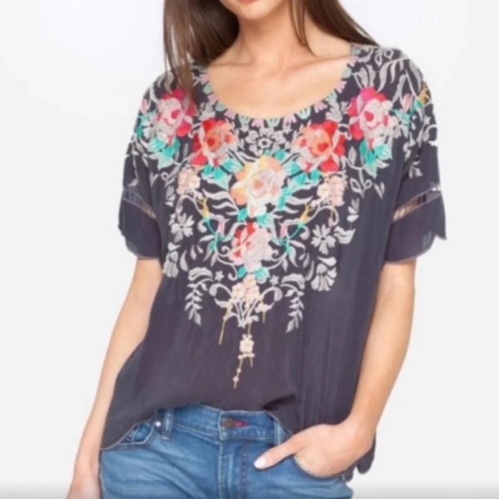 Johnny Was Charcoal Floral Embroidered Blouse with Pink & Teal Accents